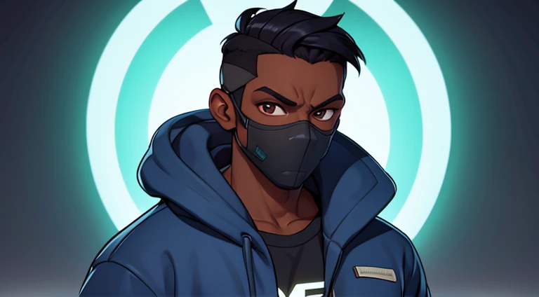 personagem homem, in sweatshirt and mask with dark skin, hands in a pocket, estilo gta, brasileiro, olhos de neon