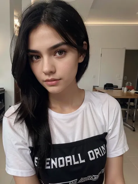 Long wolf cut black hair, detailed sleepy eyes, detailed pointed nose, detailed thin full pinkish lips, strong jawline, cool university outfit, tomboy, bad girl look, perfect eyebrow, slim fit, petite, athletic figure, tall, sad eyes, university student, g...