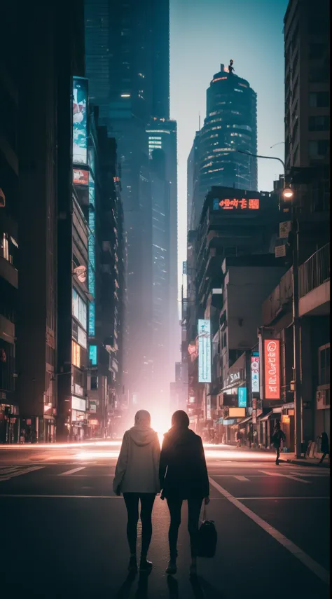 Craft a scene of two best friends exploring a futuristic cityscape together, their hijabs glowing with embedded tech, surrounded by holographic signs and flying vehicles, 35mm lens, Extreme close-up, pastel color grading, depth of field cinematography effe...