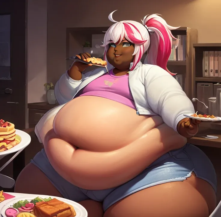 ((High quality:2.0)), Anime ,High Aesthetic, (masterpiece) ,((Well drawn face))morbidly obese, ((dark skinned )), (Femboy), (pop idol ),(( long Multicolored hair)), (( White hair with Hot pink Streaks:1.5)), ((Ponytail )),Wearing ((White  Jacket half ,a pi...