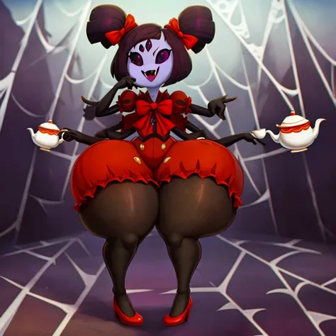 masterpiece, best quality, a beautiful and detailed portriat of muffet,(muffetwear), monster girl,((purple body:1.3)),humanoid, arachnid, anthro,((fangs)),pigtails,hair bows,5 eyes,spider girl,6 arms,solo,smile, clothed, open mouth, awesome and detailed ba...