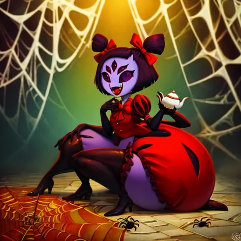 masterpiece, best quality, a beautiful and detailed portriat of muffet,(muffetwear), monster girl,((purple body:1.3)),humanoid, arachnid, anthro,((fangs)),pigtails,hair bows,5 eyes,spider girl,6 arms,solo,smile, clothed, open mouth, awesome and detailed ba...