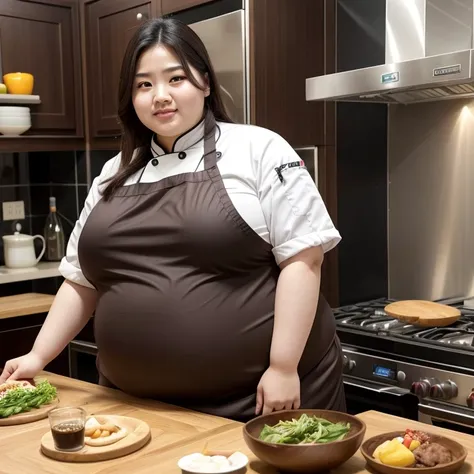 bust 200cm、a super obese chinese woman in her 20s weighing 200kg becomes a chef..　kawaii　brown hair shortcut　lightly dressed