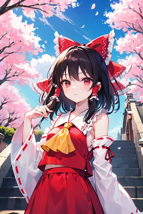 hakurei reimu, touhou project, tree, stairs, standing, sky, cherry blossoms, temple, looking at viewer, upper body, from below,