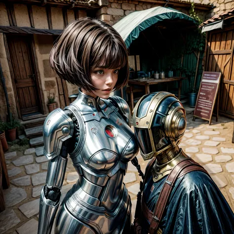 female aliens and robots stands in a medieval village