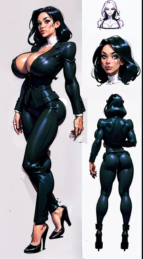 ((masterpiece)),(((best quality))), ((character design sheet:1.5)), (((sketches:1.5))), lineart, pencil lines only, (full body view)) illustration,1girl, muscular, ((black business suit:1.5)), bubbles, ((hair combed to side:1.4)), ((hair:1.4)),  suit ((det...