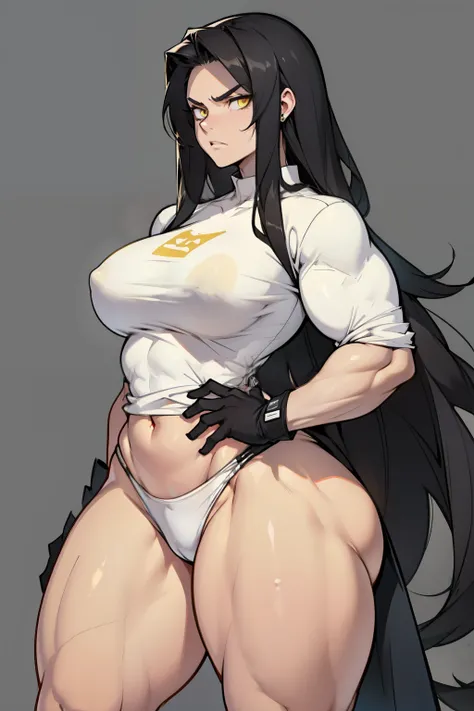 (((1girl muscular))) black hair very long hair yellow eyes pale skin angry tight shirt (thick thighs wide hips perky breasts)