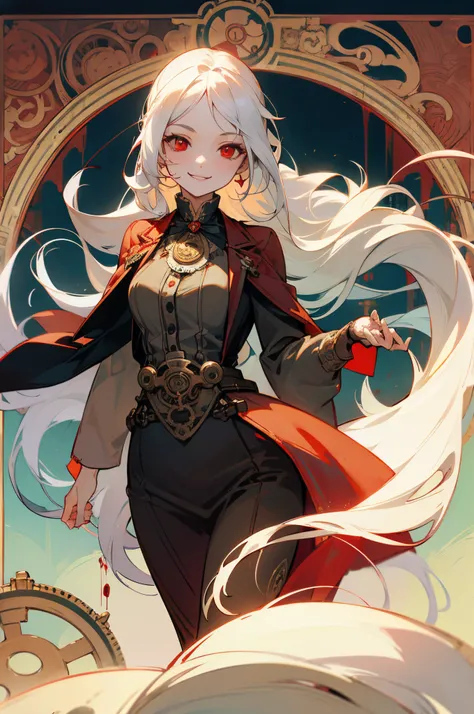 art nouveau, female, white long hair, red eyes, red steampunk outfit, blood floating, smile, evil smile, red palette