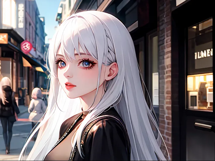 ((best quality)), ((masterpiece)), (detailed), perfect face, one girl, white hair, talking, two girl, half-body, street background, walking