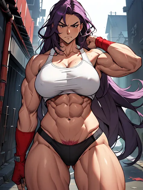 angry girl ((1girl)) dark purple hair, extremely long hair, white eyeuscular))))), (thick thighs), solo, very angry, (dark grey skin), 12 pack abs, long leg muscular thighs,  (( strong jawline, (big hugs saggy long titties), very muscular long legs big mus...