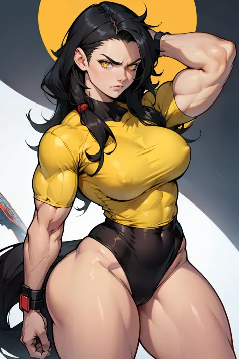 (((1girl muscular))) black hair very long hair yellow eyes pale skin angry tight shirt (thick thighs wide hips perky breasts)