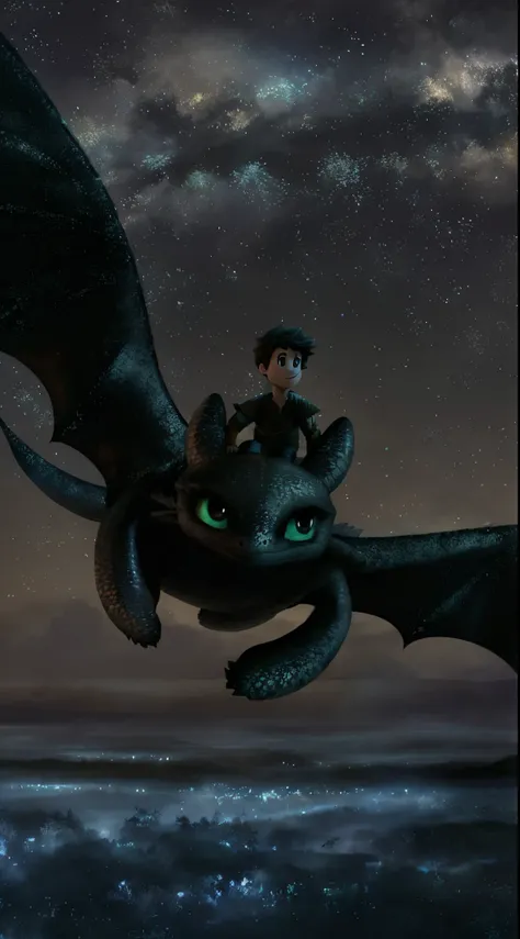 blurry image of a boy riding a dragon in the middle of the night, night fury, desdentado, how to train your dragon, dragon flying in the background, mutante desdentado, dragons flying in the sky, dragon flying in sky, dragon flying in sky, animation movie ...