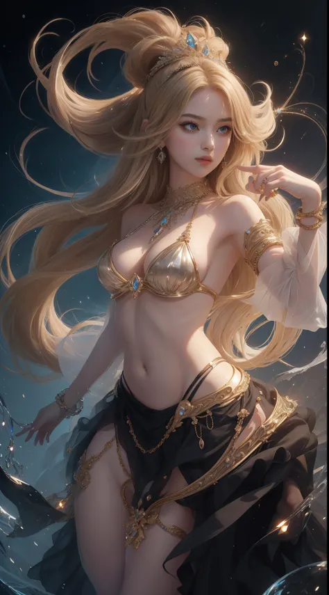 tmasterpiece，Highest image quality，Noble Western dancing beauty with barefoot figure，Sophisticated black and blonde hairstyle，A dazzling array of exquisite jewelry A dazzling array of exquisite jewelry，Bikini costume，Ultra-detailed details，advanced。At the ...