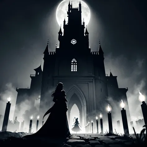 In the shadows of a dark castle, a mysterious woman roams the echoing halls, her silhouette blending with the eerie ambiance. The flickering candlelight reveals her regal attire as she navigates the labyrinthine corridors, embodying an enigmatic presence w...