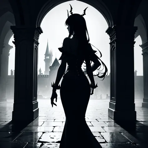 In the shadows of a dark castle, a mysterious woman roams the echoing halls, her silhouette blending with the eerie ambiance. The flickering candlelight reveals her regal attire as she navigates the labyrinthine corridors, embodying an enigmatic presence w...