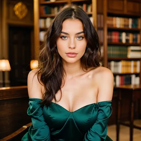 Emily, a 22-year-old European woman captured in the soft, enchanting light of a cozy library. She possesses a captivating allure with her striking long wavy hair and an exquisite face that radiates an intellectual charm. Her eyes, akin to the depths of kno...