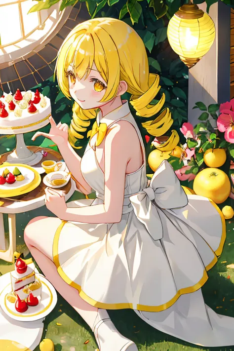 tomoemami，white dress lil，ren hao，best quality of yellow gemstone，the sun is shining，fruits，a cake，drill，yellow hair，yellow eyes