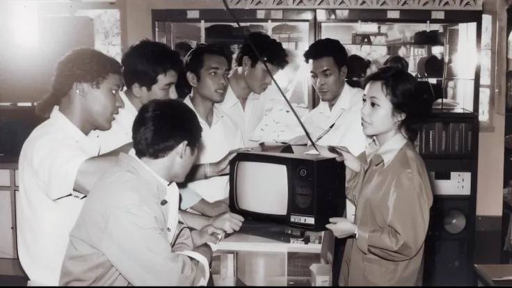 Several people gathered around the TV in the room,  1970s 8k, black-and-white television