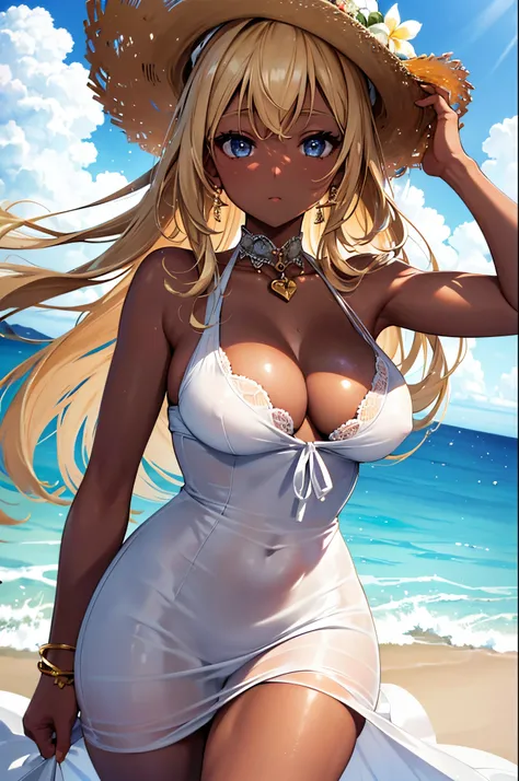 (Masterpiece, Best quality, ultra high resolution),1girl, dark brown skin, blonde hair, large breasts, thick thighs, white dress and a summer strawhat, beautiful and detailed face, detailed eyes, detailed nose, beach background