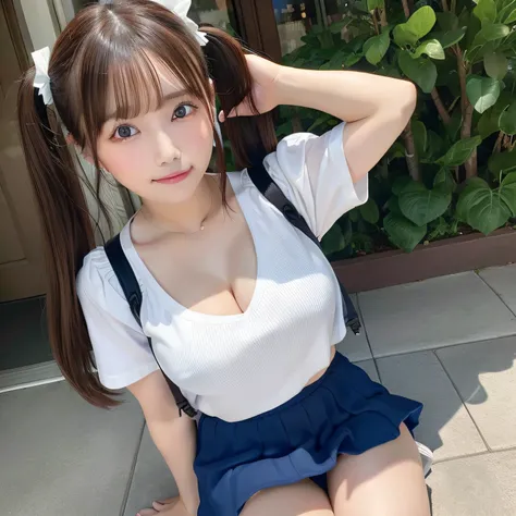 (Best Quality),(4K),(in 8K),(hight resolution),(Top image quality),cute little,1 girl in,独奏,Bright eyes、20 years old, College student、Disney land、white  shirt、Clothes without patterns、 Dark blue mini skirt、I almost saw my panties.、Emphasized chest、Chest op...