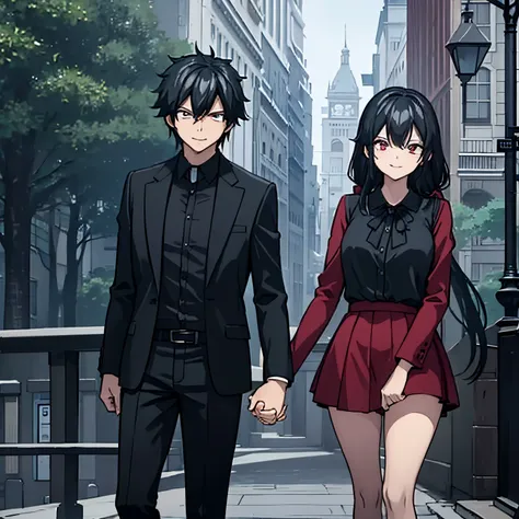 a man in black casual clothes holding the hand of a woman with red eyes red casual clothes, sorridentes, em um parque