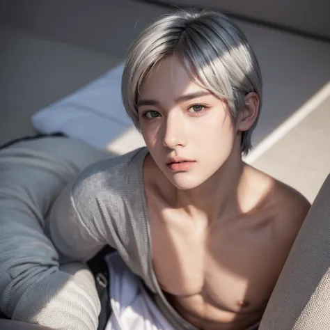 a handsome,Young men, Realistic and exactly the same short silver hair , realistic outfit , Realistic light, realistic shadow, Realism, Hyper realistic,(Photorealistic:1.2), normal small eyes