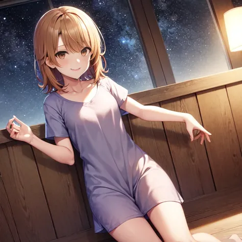 Isshiki Roha, shorth hair, brown haired, wetting hair，Brown-eyed, nightgown(Oversized T-shirt)A smile, Solo，