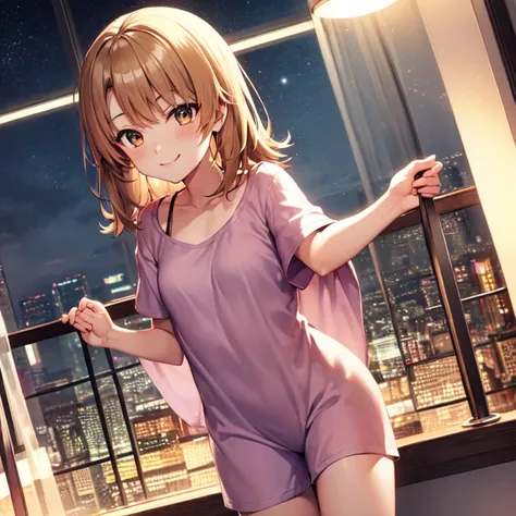 Isshiki Roha, shorth hair, brown haired, wetting hair，Brown-eyed, nightgown(Oversized T-shirt)A smile, Solo，