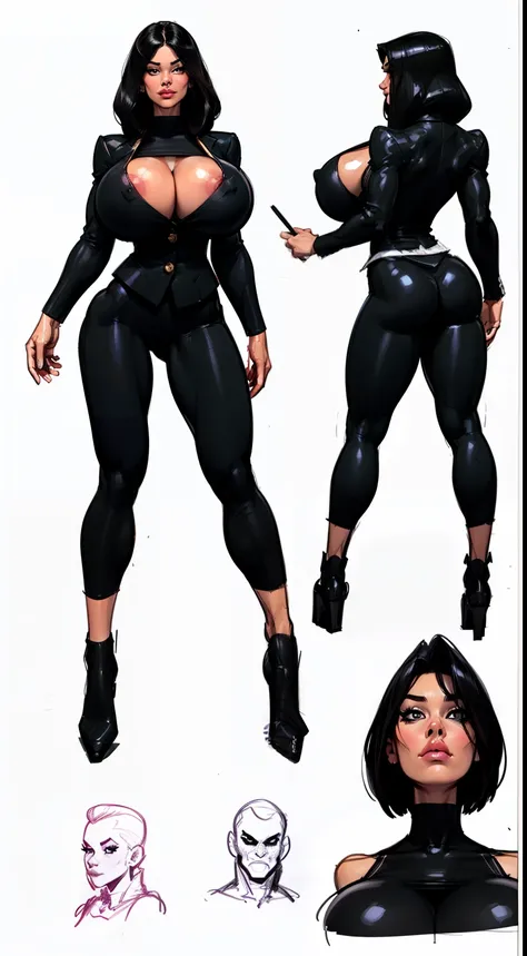 ((masterpiece)),(((best quality))), ((character design sheet:1.5)), (((sketches:1.5))), lineart, pencil lines only, (full body view)) illustration,1girl, muscular, ((black business suit:1.5)), bubbles, ((hair combed to side:1.4)), ((hair:1.4)),  suit ((det...