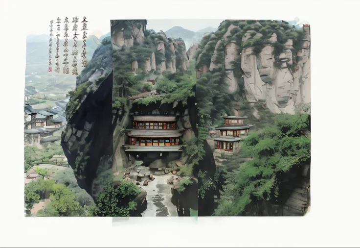 Franco-German view of a small village in a cave with windows, Taoist temple and monks, zhangjiajie, hou china, Chinese Ancient Architecture, China Village, qiangshu, Zhangjiajie national forest park, the taoist temples of huangshan, Chinese landscape, anci...