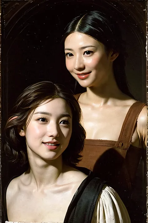 Ancient Roman landscape in the style of Poussin,A smile,,Sweet and seductive appearance.、Caravaggios paintings、Chiaroscuro of Caravaggio、Hair disheveled in the wind,Two women frolicking,Cute smile, Expression of ecstasy,A sexy,erotick