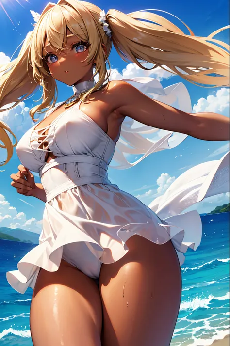 (Masterpiece, Best quality, ultra high resolution),1girl, dark brown skin, blonde hair, large breasts, thick thighs, twintails, white dress, beautiful and detailed face, detailed eyes, detailed nose, beach background