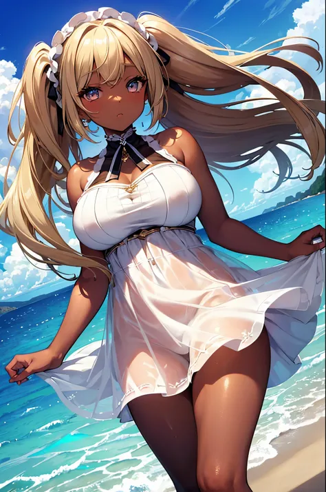 (Masterpiece, Best quality, ultra high resolution),1girl, dark brown skin, blonde hair, large breasts, thick thighs, twintails, white summer dress, beautiful and detailed face, detailed eyes, detailed nose, beach background