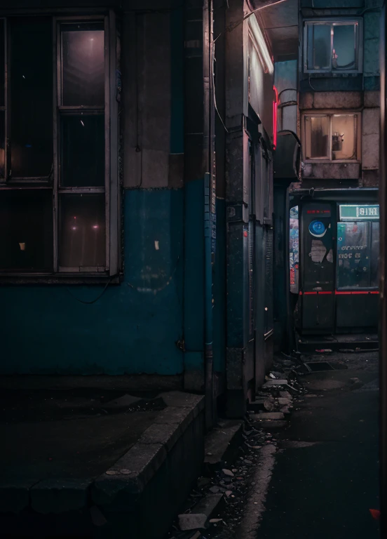 low angle, russianebenya, old panel houses, street, neon lights, cyberpunk, dark evening, movie still, 80mm lens, masterpiece, best quality, (film grain:1.1), ultra high res, RAW