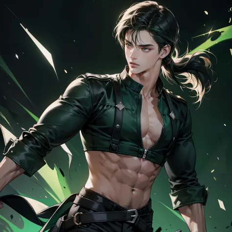 Masterpiece, high quality, best quality, HD, realistic, perfect lighting, detailed body, 1 man, perfect eyes, black mullet hair, glowing, abs, Dark green background.