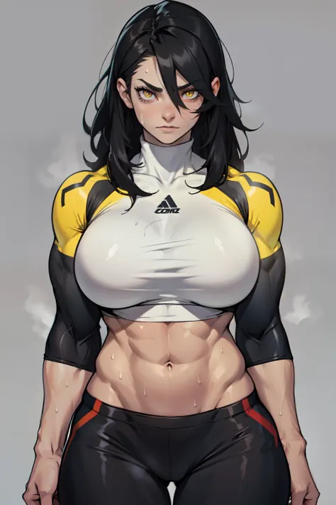 girl (1girl muscular grey background pale skin bodybuilder) toned body huge breasts thin waist black hair yellow eyes straight hair sweaty hair between eyes tight