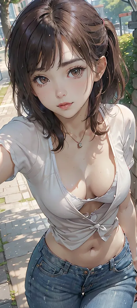 light-brown hair, small breasts, slim waist, thick thighs, shapely butt, slim body, ponytail, (((tight blouse))), cleavage, necklace, seductive posture, breast squeeze, downblouse, leaning forward, park, path, trees, flowers, distant city in the background...