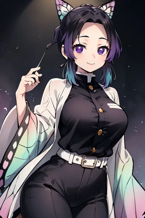 kochou shinobu, 1 girl, alone, multicolored hair, no bangs, hair clips, purple eyes, forehead, black shirt, black pants, haori, ...