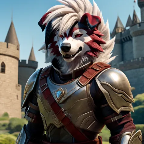 solo, male, ((midnight lycanroc wearing leather armor)), high detail, 4k, castle background, stoic expression