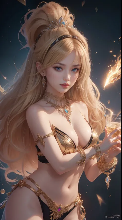 tmasterpiece，Highest image quality，Beautiful bust of noble exotic dance，Sophisticated black and blonde hairstyle，A dazzling array of exquisite jewelry，Exotic bikini dance wear，Ultra-detailed details，advanced。At the Pixiv Art Station，Break your own power，，O...