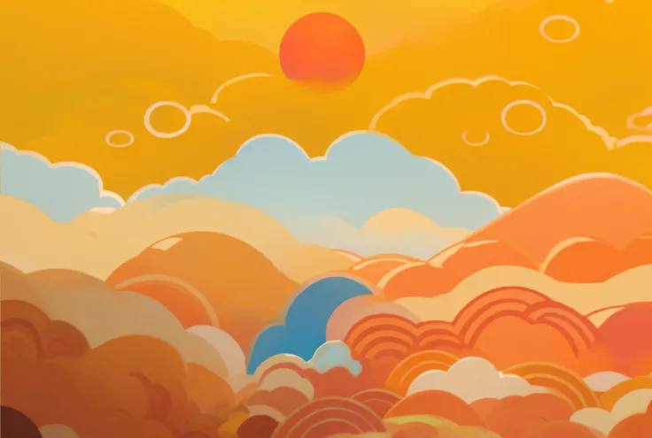 Brightly colored cutout of landscape with clouds and sunshine, Orange clouds, psychedelic clouds, sunset illustration, Animation-style rendering, painting of a dreamscape, psychedelic landscape, low details. digitial painting, Beautiful illustrations, Japa...