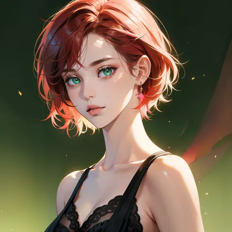 Masterpiece, high quality, best quality, HD, realistic, perfect lighting, detailed body, 1 woman, perfect eyes, short hair, Black & Red Hair, glowing, Pink & Green colour Dress, background.