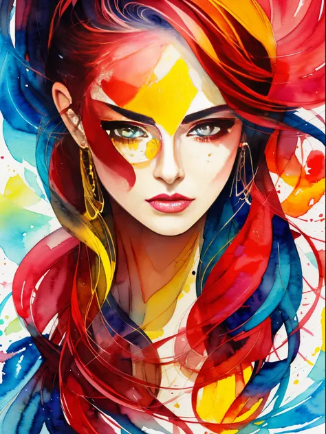 a painting of a woman with a red and yellow face, sylvia pelissero watercolors, tumbler, figurative art, intense watercolor pain...