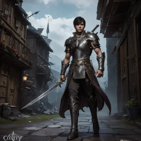 RPG style young boy wearing chest armor with cropped dark hair and worn and cracked cuffs shabby dark clothes holding shield and sword dark boots full body image with fantasy RPG city background walking forward confident expression amazing details on face ...