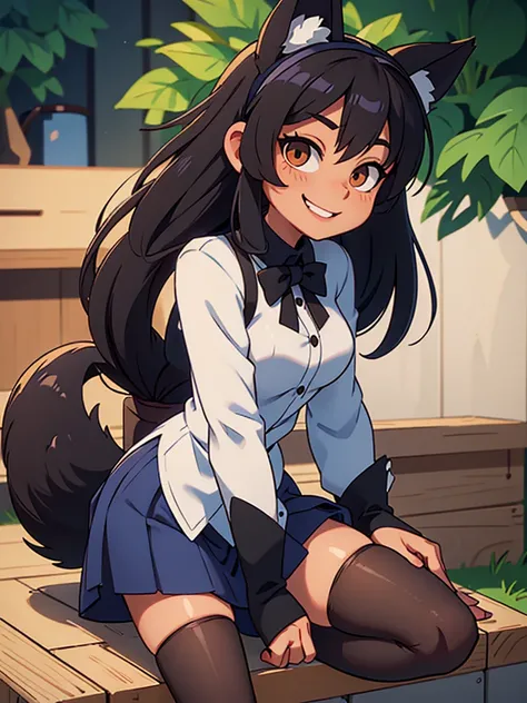 Female, kitsune, black fur, black hair, small sized breasts, big butt, royal blue miniskirt, royal blue bowtie, white long sleeve blouse, button up blouse, large black fox tail, large black fox ears, skinny, beautiful, smile, thigh high socks, white socks,...