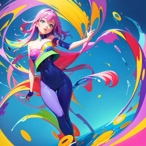 (ultra detailed,ultra high res,detailed background),((2D)),((flat color)),((colorful)),((floating colorful water)),1girl,solo,looking at viewer,BREAK