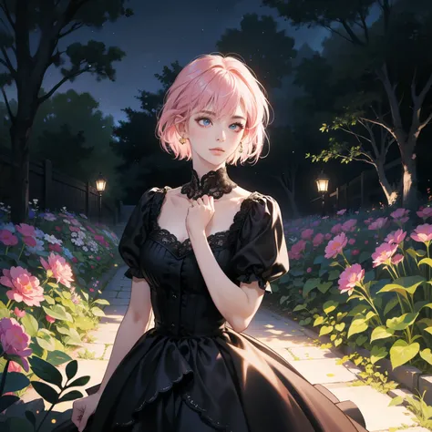 Masterpiece, high quality, best quality, HD, realistic, perfect lighting, detailed body, 1 woman, perfect eyes, short hair, pink Hair, glowing, black cute Dress, garden background.