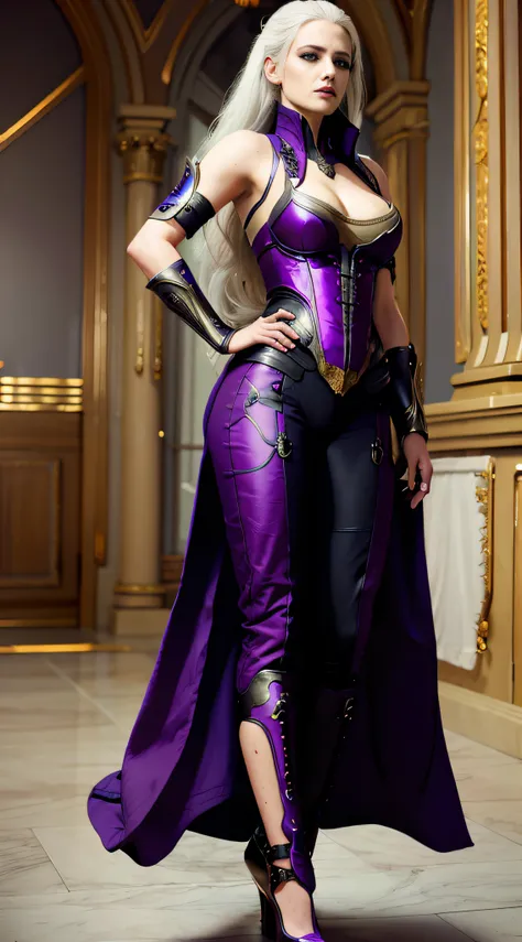 ((a woman 3v4gr33n)) as Sindel from Mortal Kombat, long, flowing white hair, piercing blue eyes, complexion pale, wearing purple regal and ornate revealing outfit, with royalty and battle elements, her attire features flowing fabrics, intricate patterns, m...