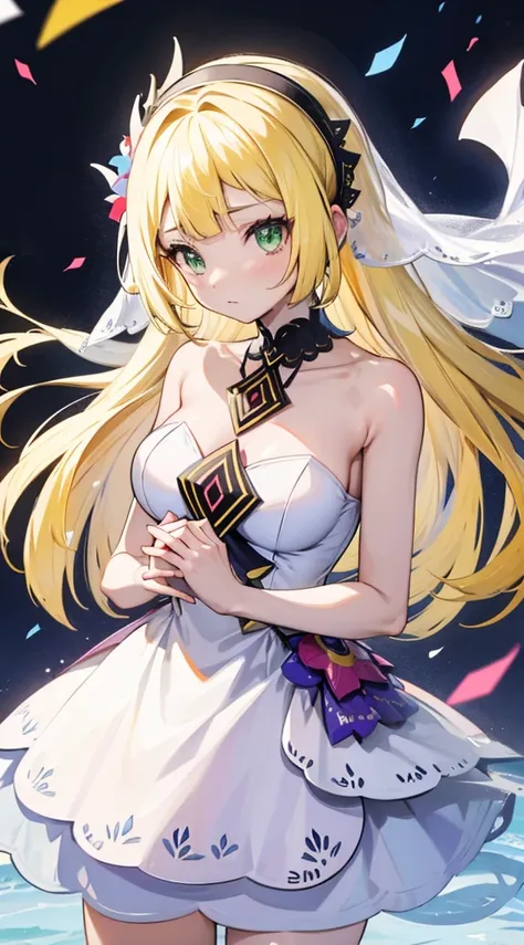 masutepiece, Best Quality, hight resolution, Ahex,  (A pokémon), Long Blonde,  Green eyes, @_@, Large breasts, White Dress, Bridal Veil, wedding dress, wedding, White Gloves, Necklace, garden, Confetti, holding flower bouquet, Standing, Cowboy Shot