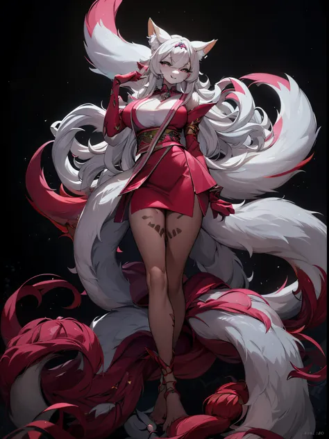 （best quality），4k，noble female nine-tailed white fox，furry ears and hands and feet，long leges，the expression is fascinating，wear...